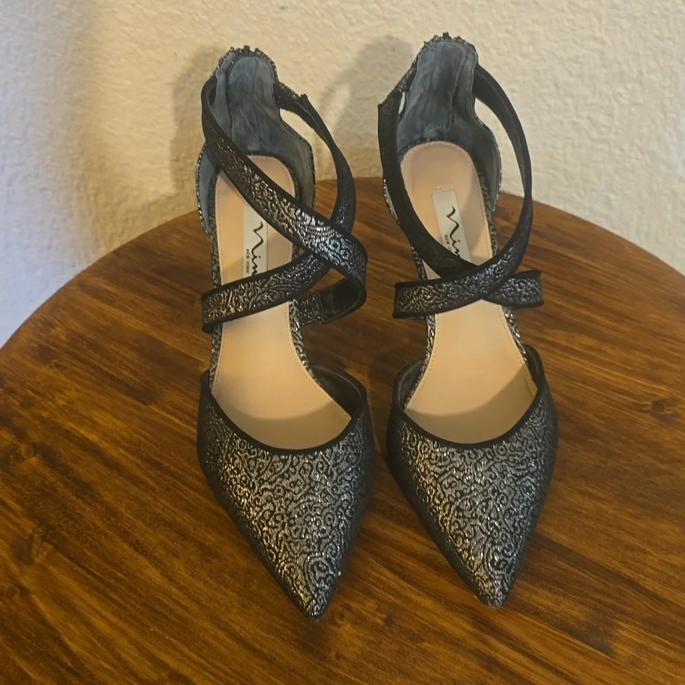 Nina New York |Black & Silver Jacquard Slip On Back Zip HEELS Fancy Elegant 8